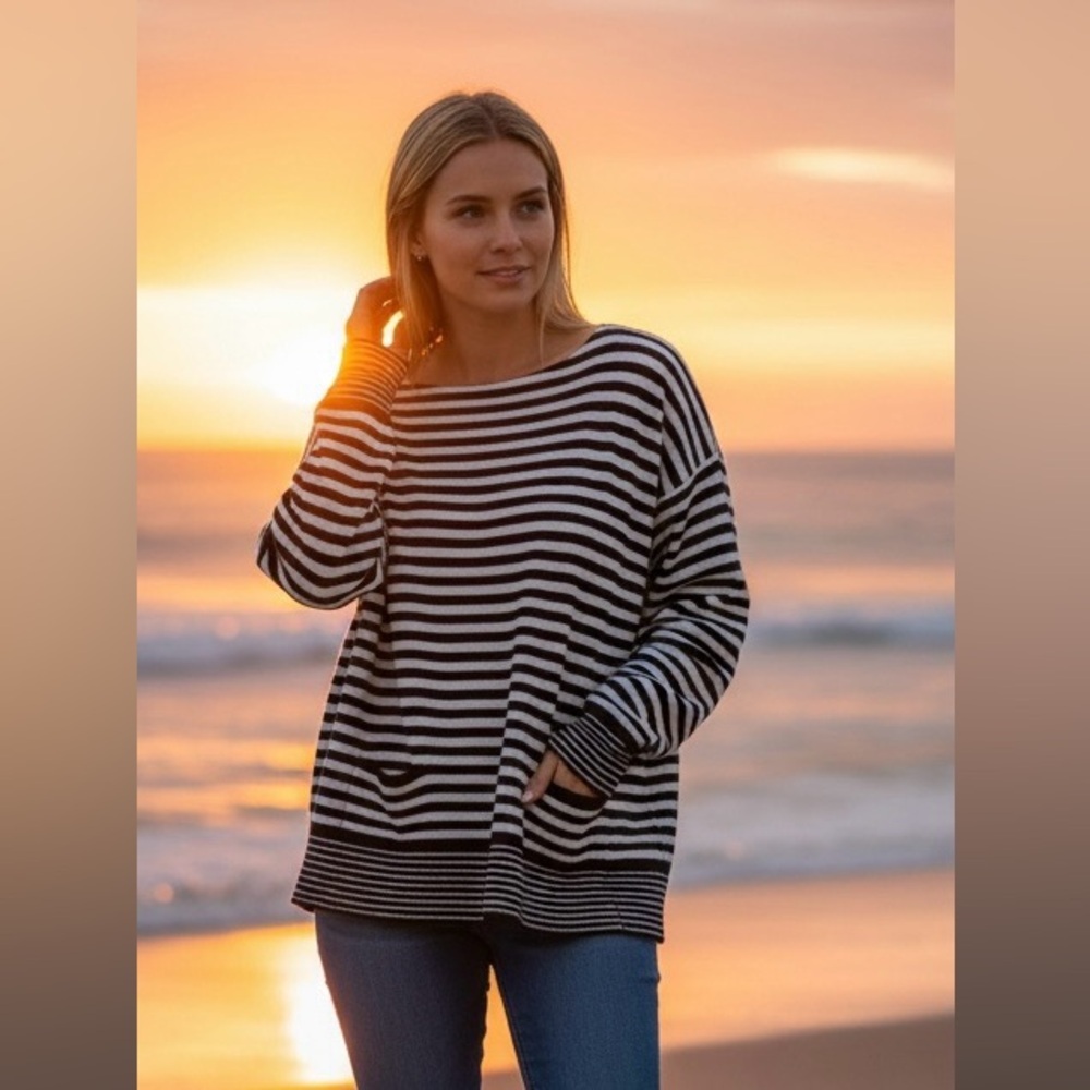 J. Crew Cashmere Sweater Nautical Stripe   Navy Blue White Women's Size Large